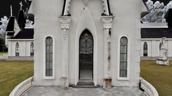 Colorized point cloud output of a white Gothic church captured by the XGRIDS L3