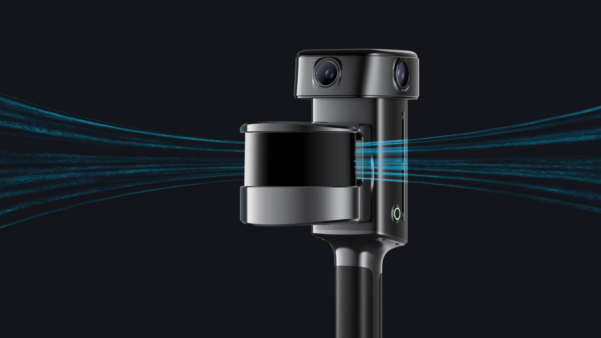 Close-up of the XGRIDS L3 LiDAR module with laser beams illustrating 360-degree scanning