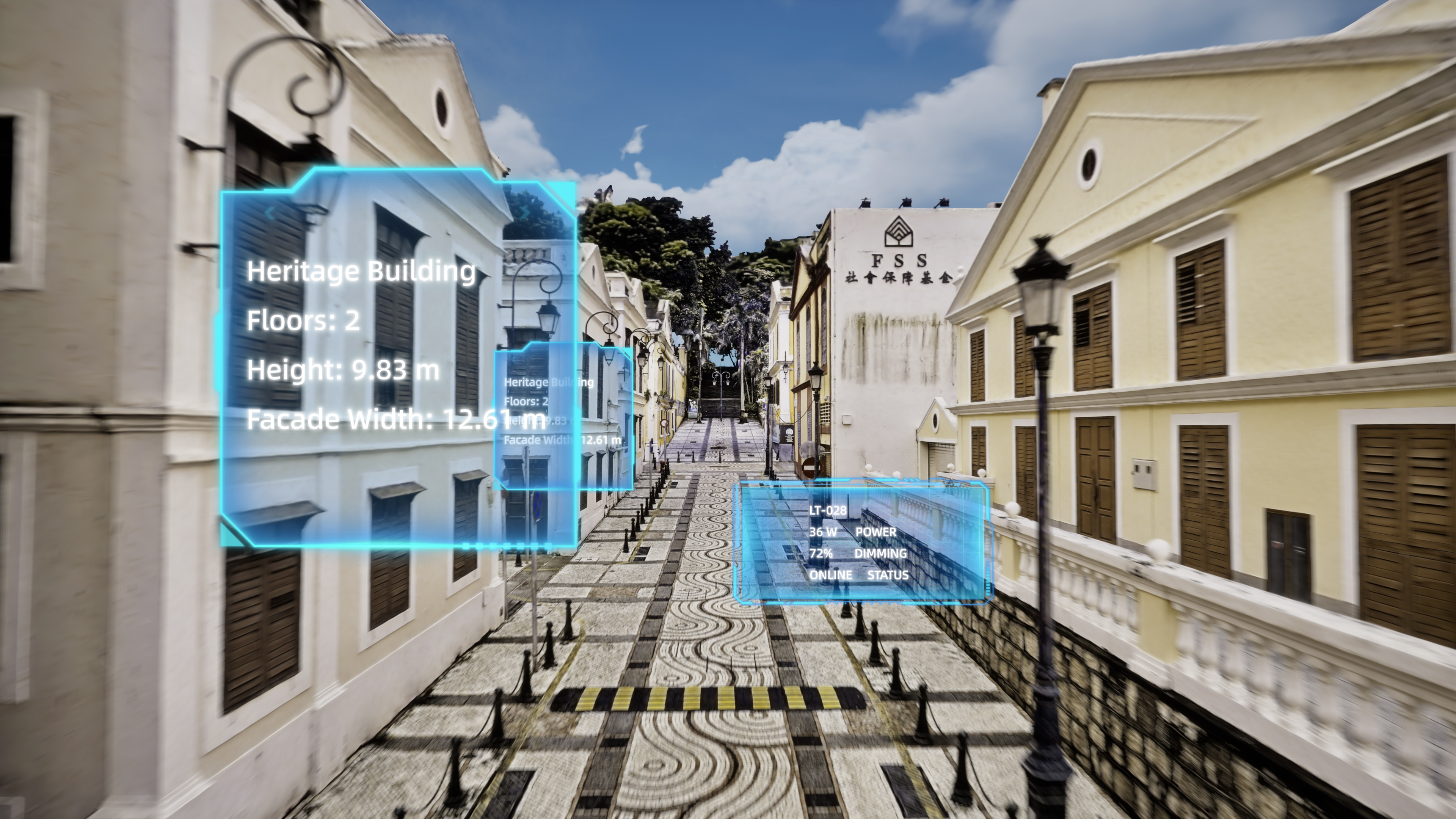 Digital twin of a heritage street captured by the XGRIDS L3, with building data and streetlight IoT status overlays