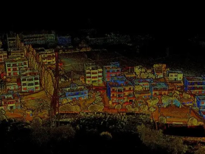 村落建筑群的航拍彩色点云,用于现状测绘与数字存档。