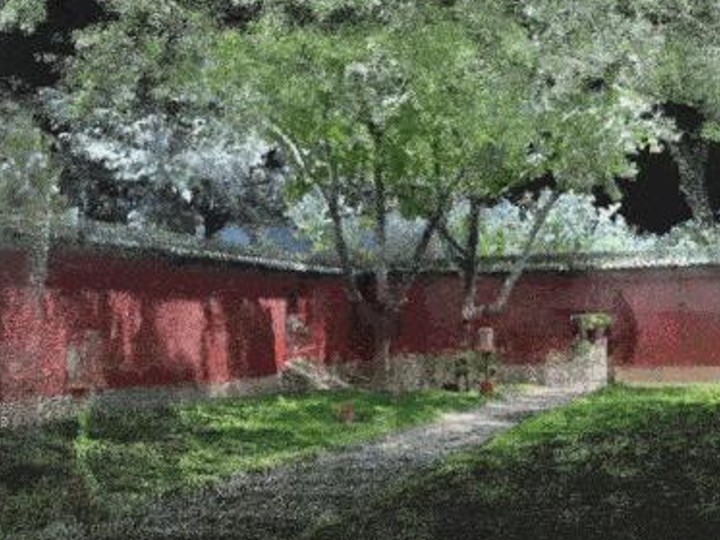 古建筑红墙庭院与树木的照片级三维重建,用于历史建筑测绘。