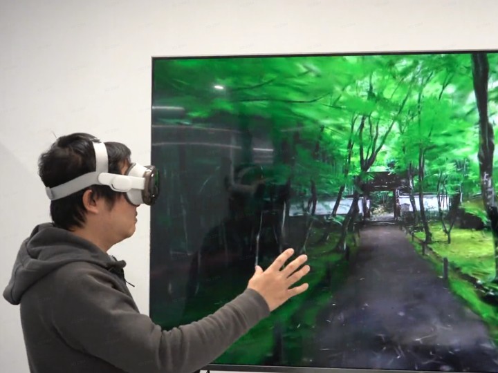 用户佩戴VR头显体验照片级森林场景三维重建，用于XR沉浸体验。