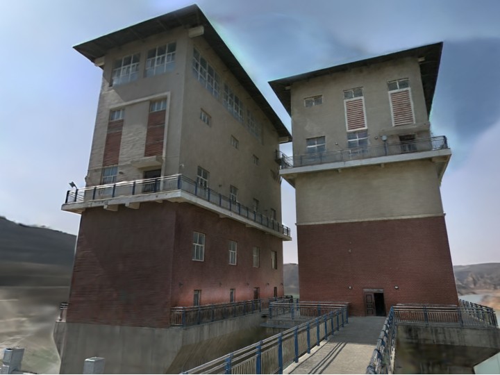 水库大坝取水塔建筑的照片级三维重建,用于水利设施测绘。