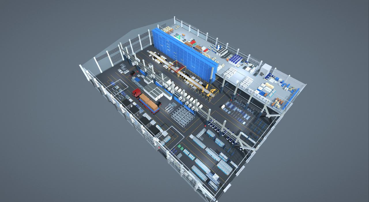 Isometric as-built digital twin of a facility interior with racking and equipment, delivered at project handover.