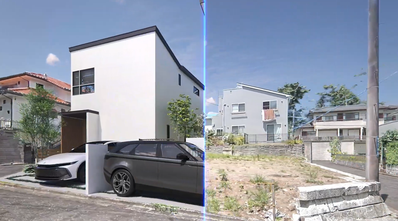 Split view comparing a proposed white house render with the actual captured neighborhood, reviewing the concept against real site context.