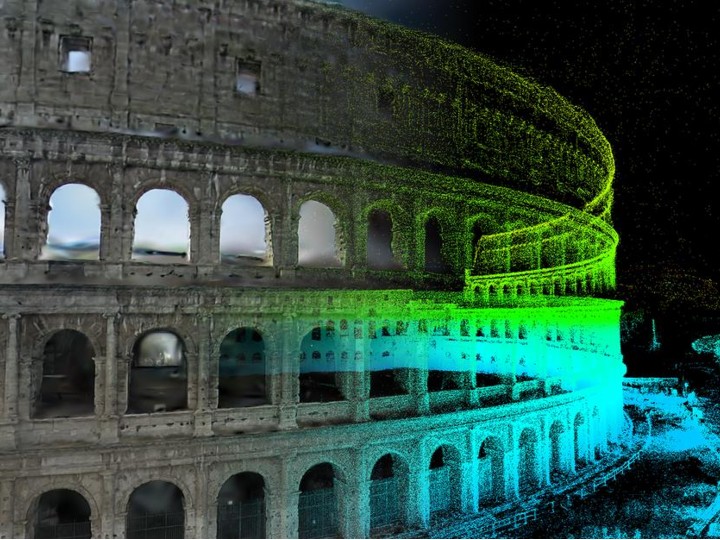 Historic amphitheater shown half as photoreal imagery and half as a colored point cloud, a digital conservation record.