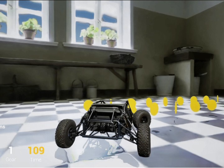 Playable driving mini-game set inside a photoreal scanned interior, showing an interactive 3D cultural experience built from one capture.