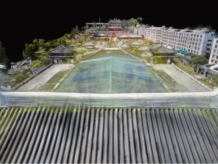 Aerial 3DGS reconstruction of a large temple complex with pavilions and a reflecting pool, a large-scale cultural site rendered in detail.