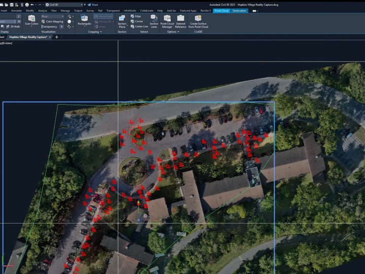 Aerial reality-capture point cloud of a residential site in CAD software for an existing conditions survey.