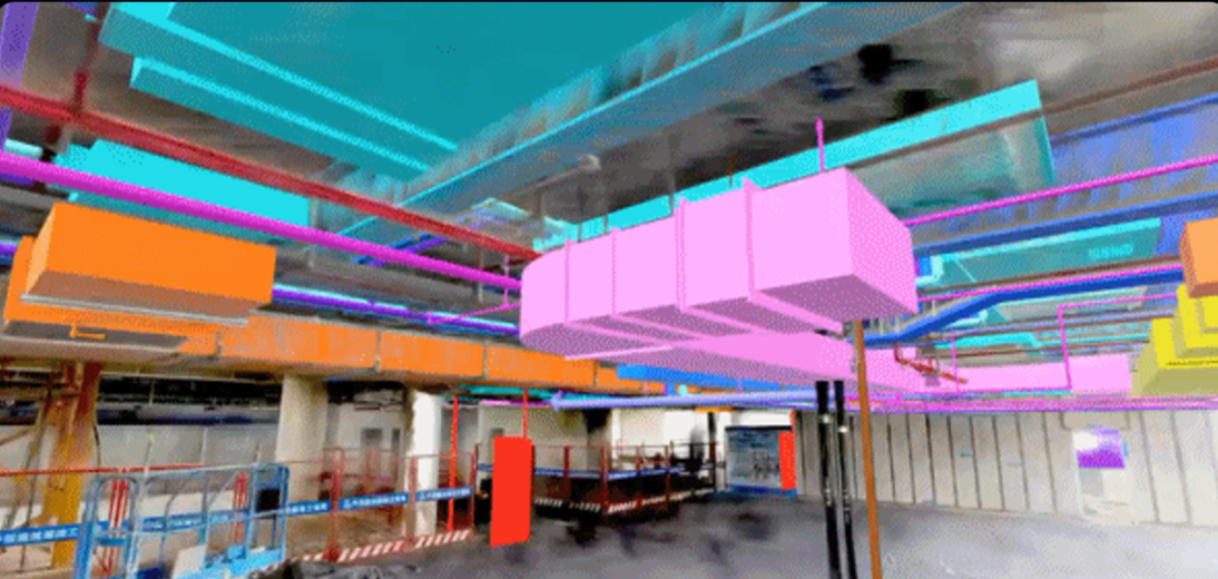 Color-coded BIM services overlaid on a scanned facility interior, reused for maintenance and operations.