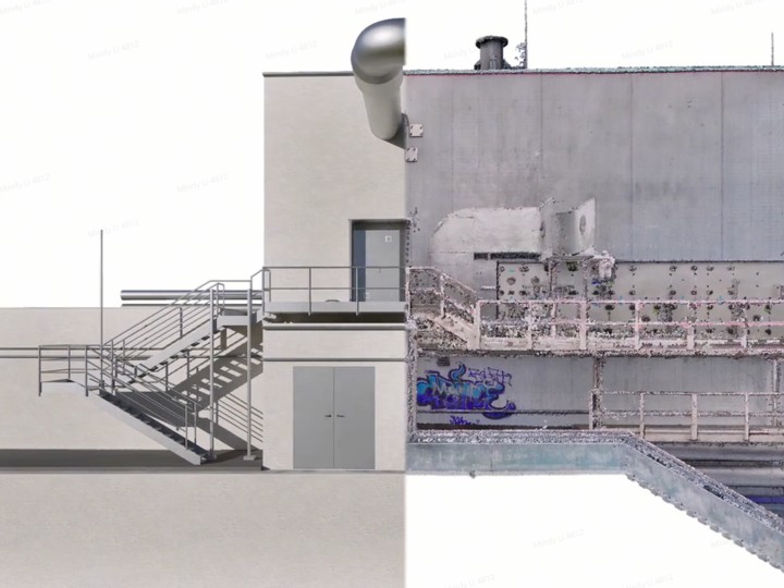 Grey BIM model on the left merged with a colored reality-capture point cloud on the right, forming a facility digital twin.