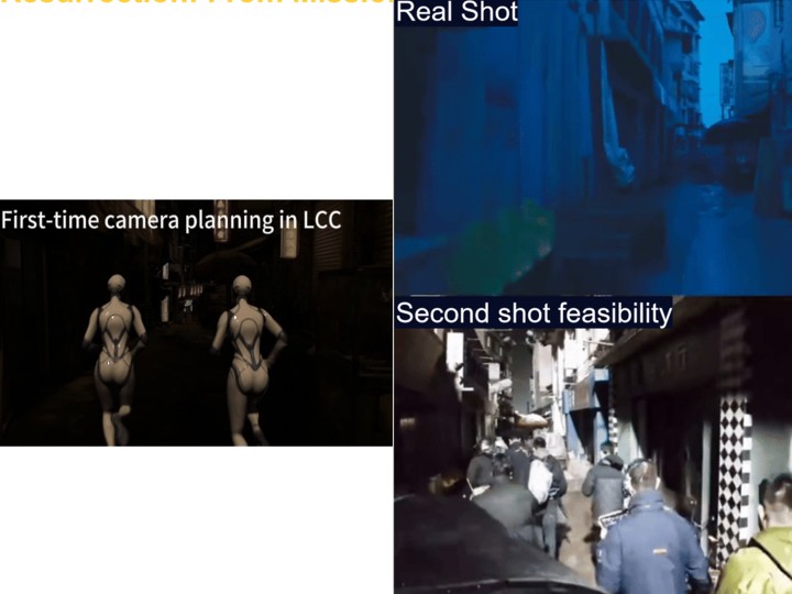 Shot-planning comparison with CG stand-ins in LCC beside the real filmed shots of the same alley, from an archived location asset.