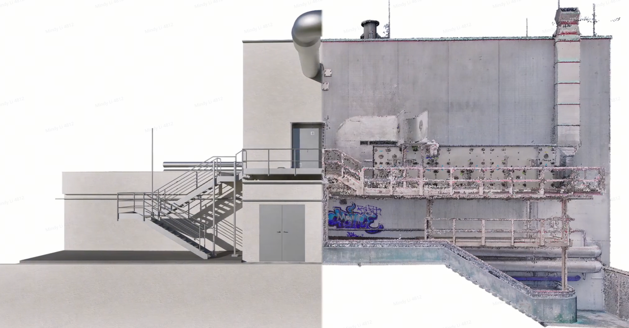 Clean BIM geometry aligned with a colored point cloud scan, showing point cloud to BIM detailing during design coordination.