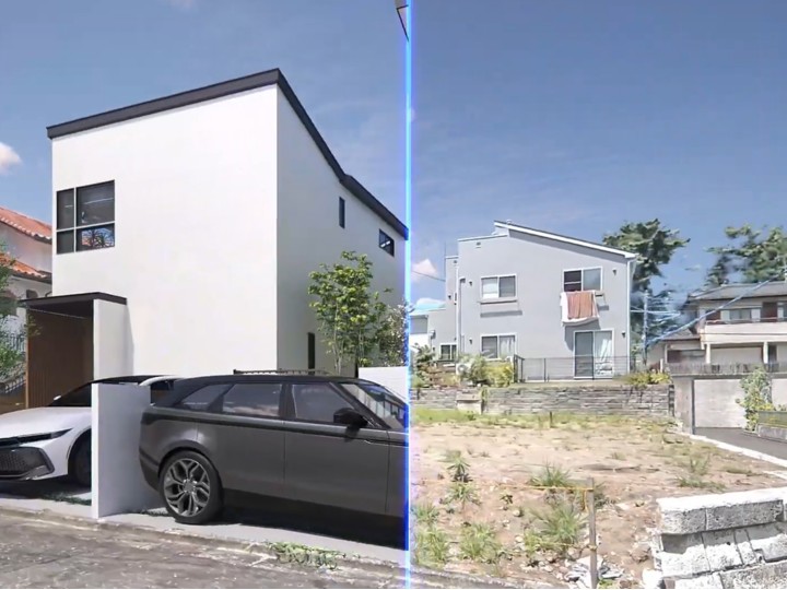 Split view of a proposed rebuilt-house render beside the real captured lot, turning the property into AI-ready data.
