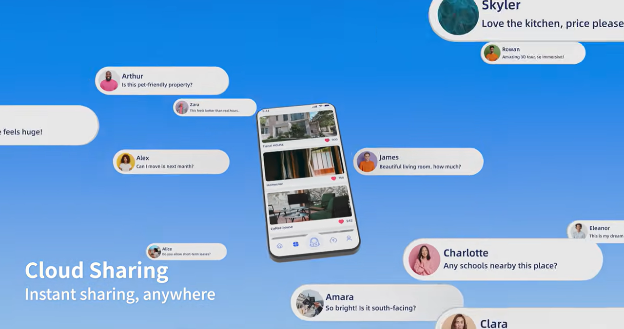 Smartphone showing a shared 3D property listing surrounded by buyer comments, instant cloud sharing and collaboration.