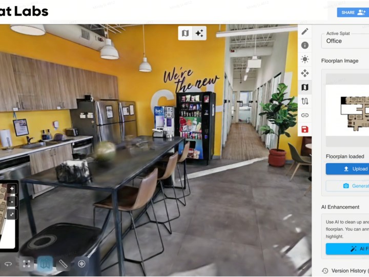 Captured interior opened in a browser editor with floor-plan and AI tools for interior design and renovation.