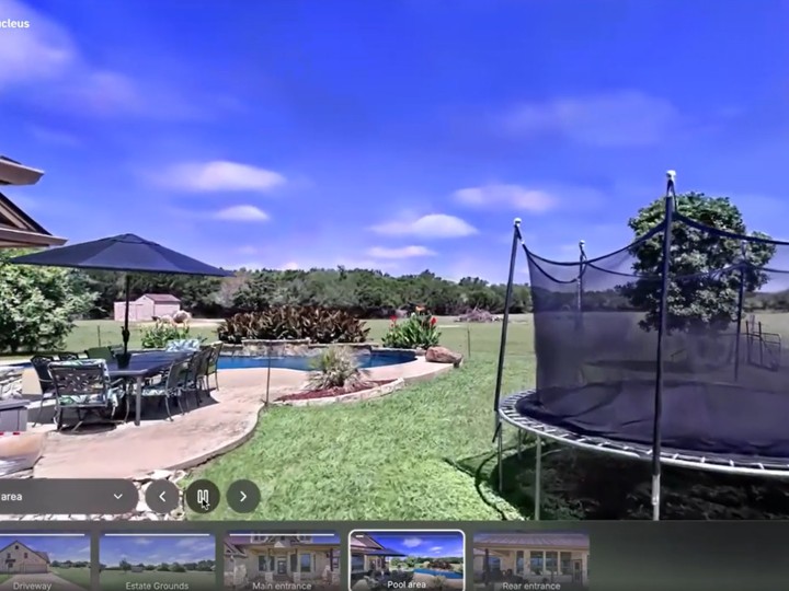 Interactive 3D virtual tour of a luxury property backyard with pool, patio and lawn and area navigation thumbnails.