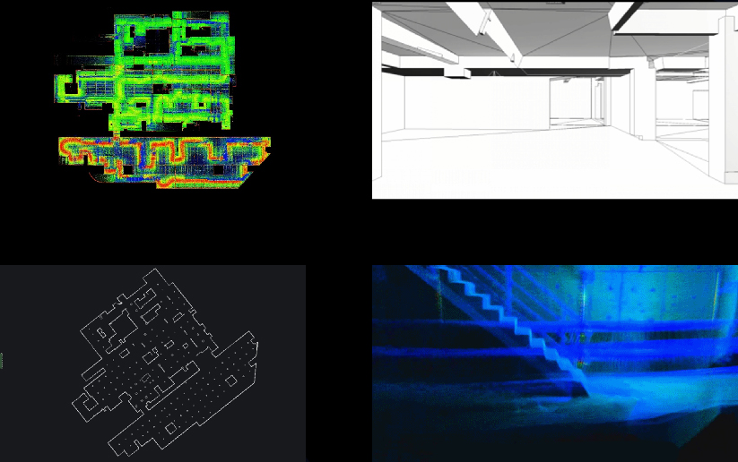 One scan yielding multiple deliverables such as a trajectory map, wireframe mesh, 2D floor plan and point cloud of an interior.