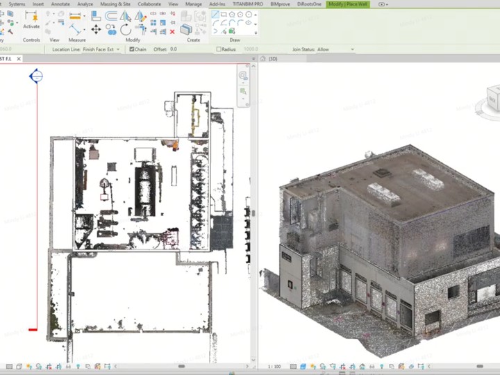 Revit workspace with a floor-plan point cloud and a 3D building scan in a scan-to-BIM modeling workflow.
