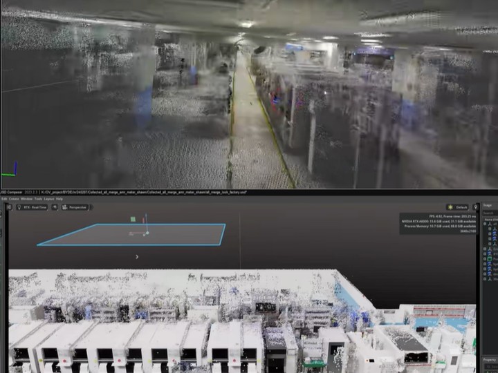 Factory point cloud and photoreal reconstruction open in USD Composer, building a large-scale digital factory twin for simulation.