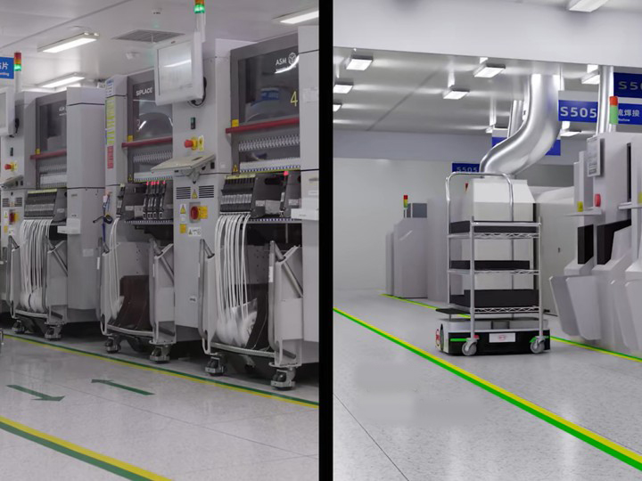 Real electronics production line beside its simulation twin with an autonomous cart on a navigation path, for robotics simulation.