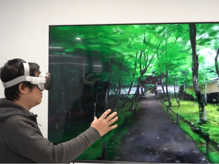 Person wearing a VR headset exploring a photoreal green forest path reconstructed as a 3DGS immersive VR world.