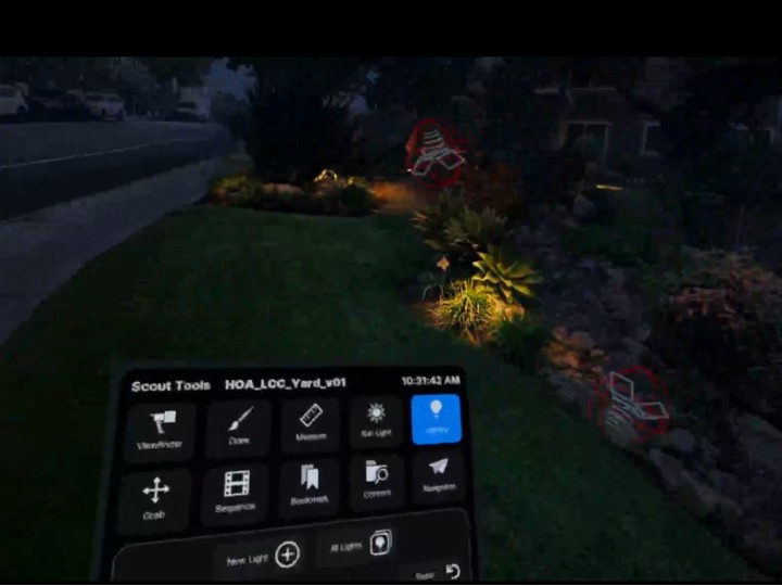 VR scouting tools overlaid on a night garden scene, letting a team frame shots and relight the location before production.