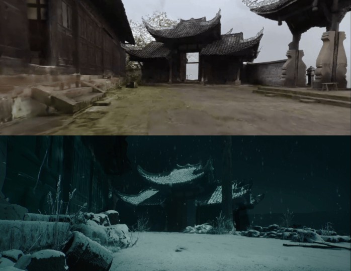 Captured ancient temple courtyard above its relit, stylized VFX version below, showing the scan used as VFX reference.