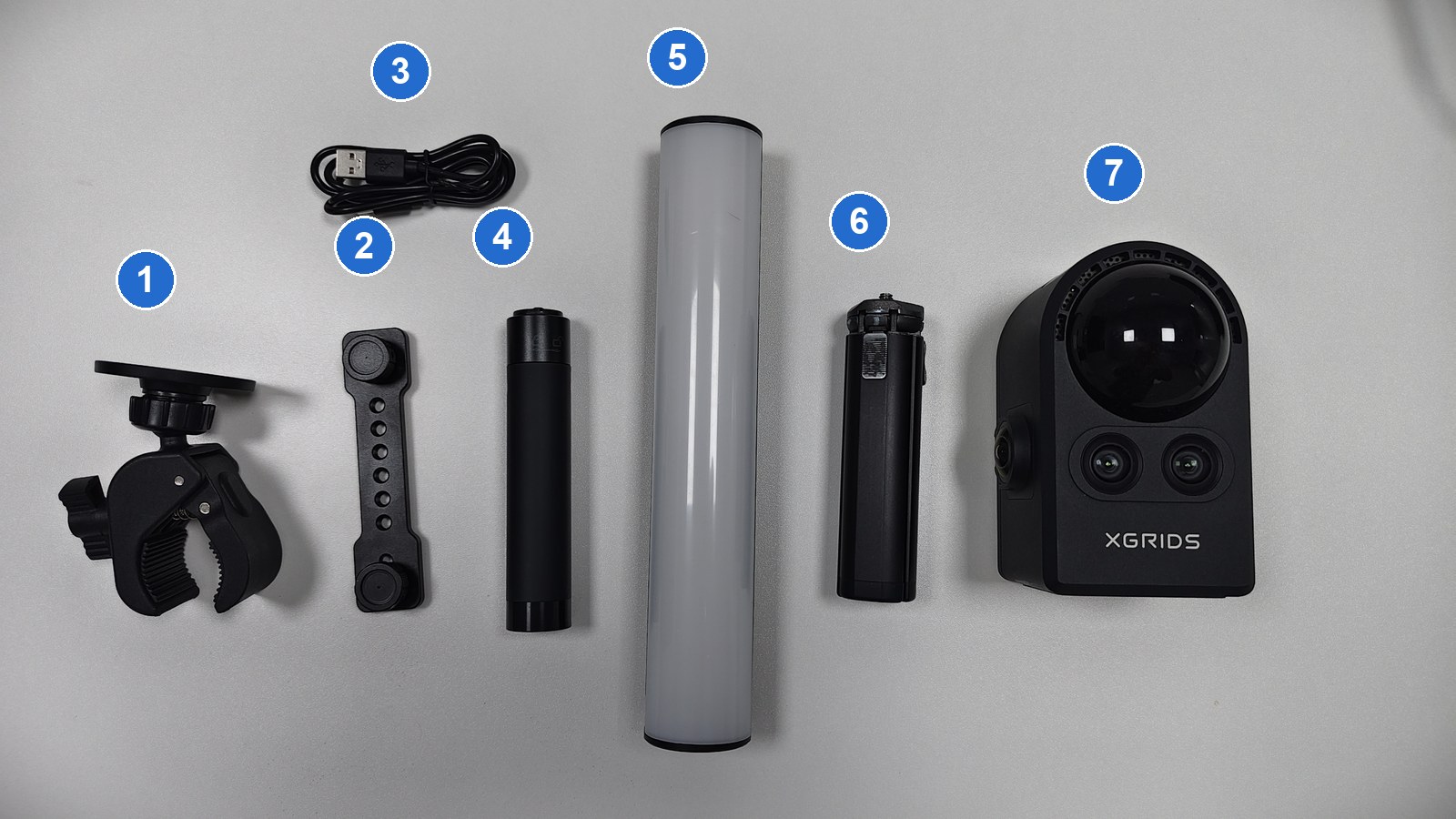 Przegląd części zestawu Stick Light PortalCam; ponumerowane kółka odpowiadają poniższej liście
