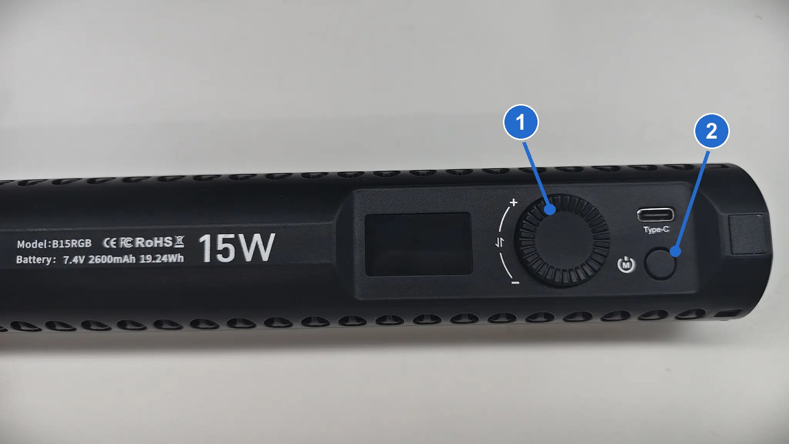 Schema van het bedieningsgebied van de Stick Light; de genummerde cirkels komen overeen met de onderstaande lijst