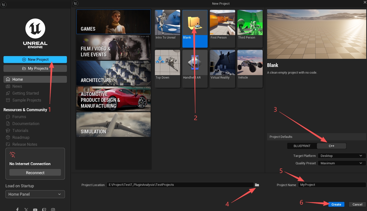 Unreal のプロジェクトブラウザーで Games と Blank の C++ テンプレートを選択する