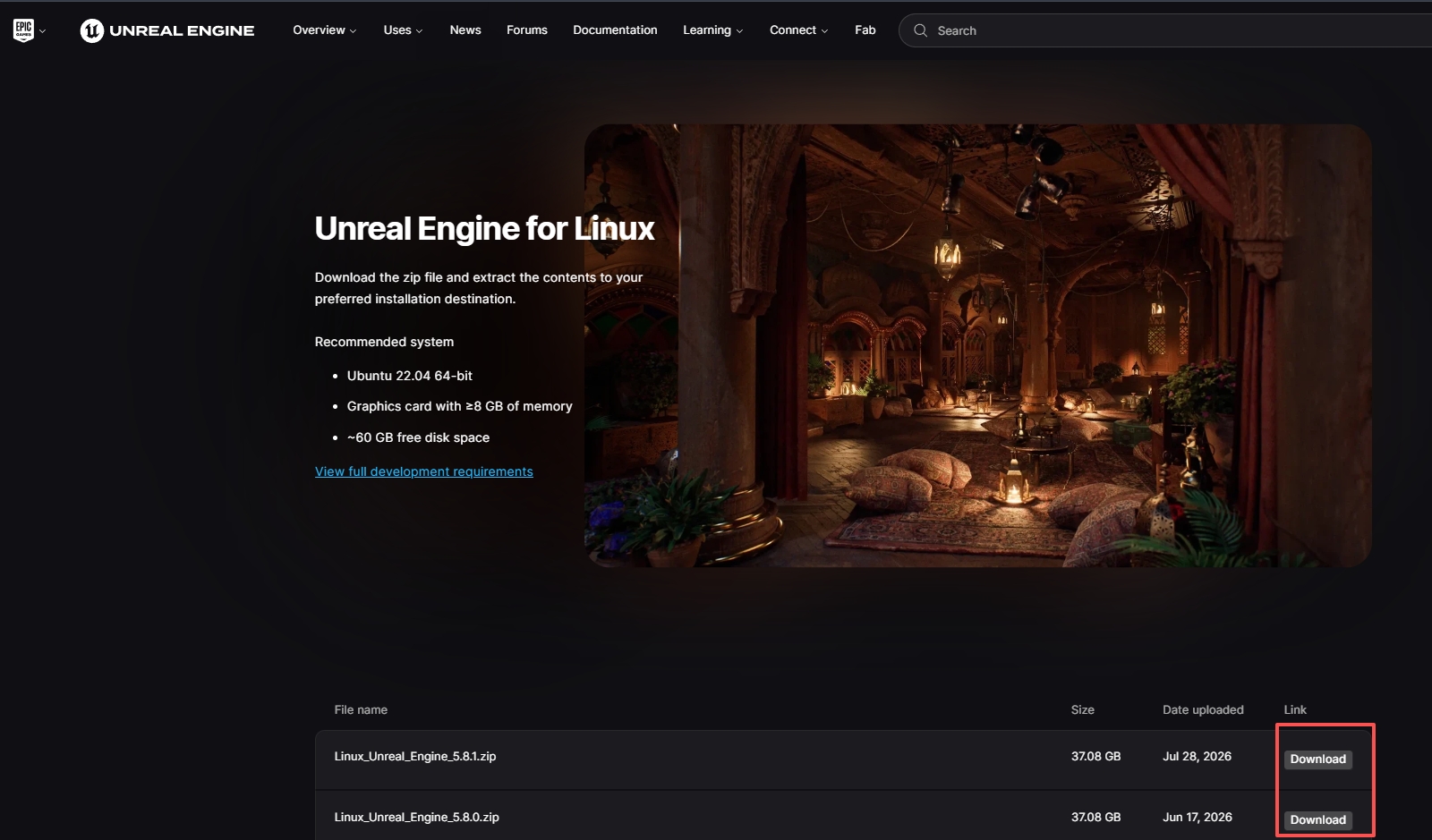 Epic Games のページから Unreal Engine Linux ビルド済みバージョンをダウンロードする