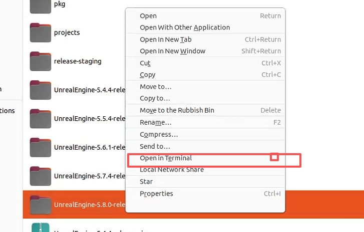 Unreal Engine のルートディレクトリで Linux のターミナルを開く