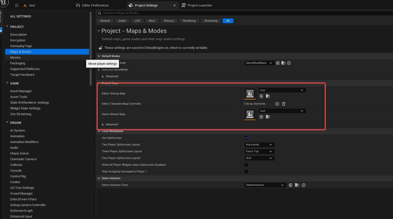 Maps and Modes で Unreal Engine プロジェクトの Game Default Map を設定する