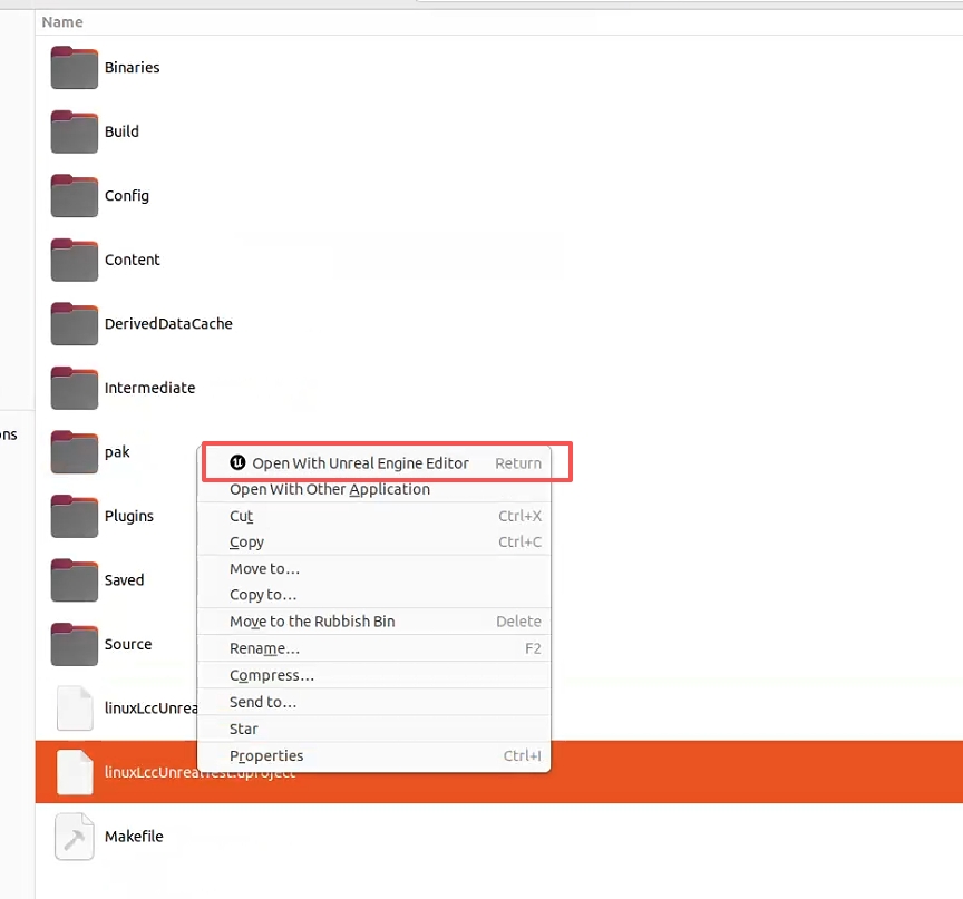 Linux のファイルマネージャーで uproject を右クリックして Unreal Engine Editor で開く