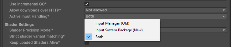 将 Active Input Handling 设置为 Both