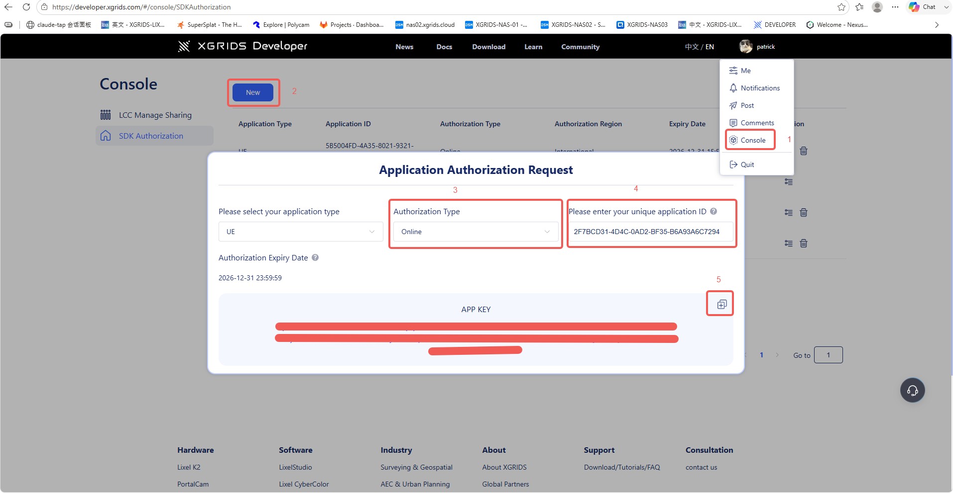 Request an APP KEY on the XGRIDS developer platform