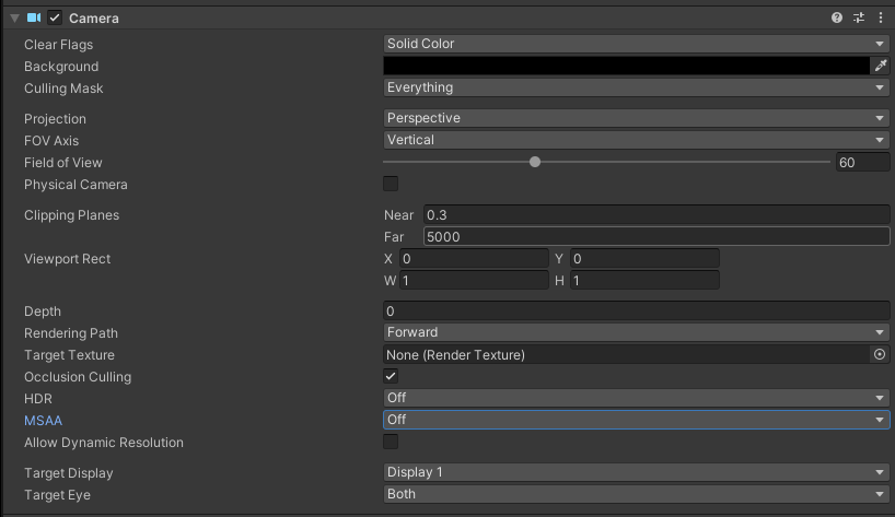 设置 XR Origin (VR) 下 Main Camera 的 Camera 组件属性