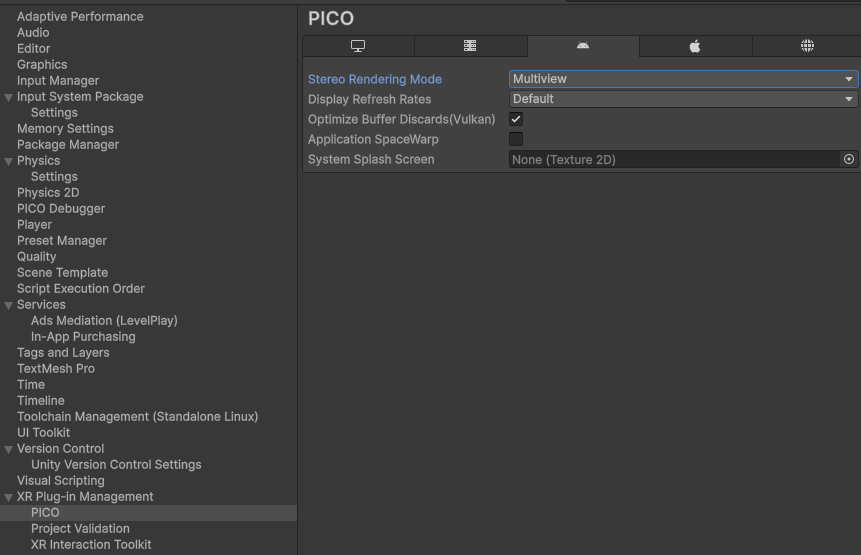 将 PICO 的 Render Mode 设为 MultiView