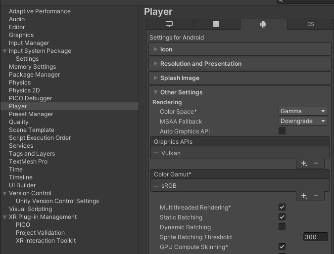 设置 Color Space 为 Gamma，图形 API 仅保留 Vulkan