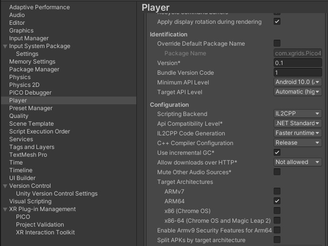 设置 Minimum API Level、Scripting Backend、API Compatibility Level 与 Target Architectures