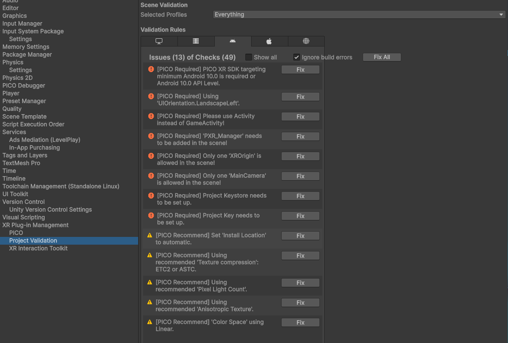 在 Project Validation 中点击 Fix All