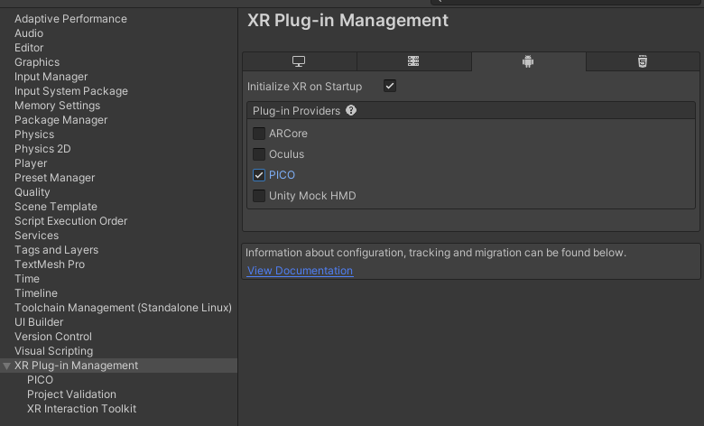 在 XR Plug-in Management 中勾选 Initialize XR on Startup
