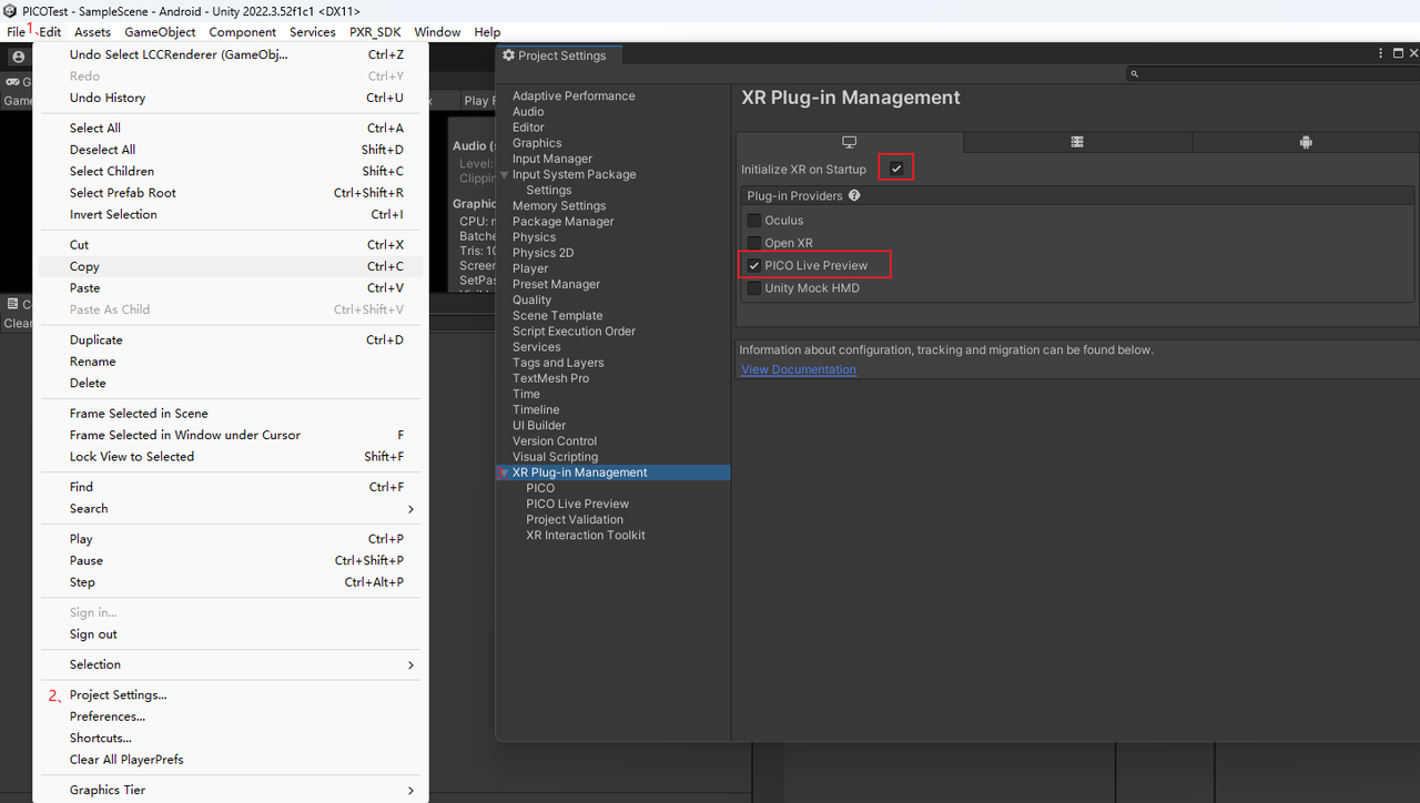 在 PC Standalone 设置中勾选 Initialize XR on Startup 与 PICO Live Preview