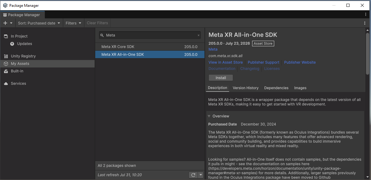 从 My Assets 安装 Meta XR All-in-One SDK