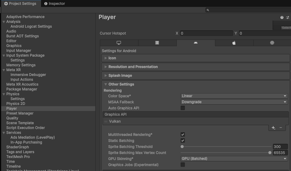 Android 平台设置图形 API 为 Vulkan 与 Linear 颜色空间