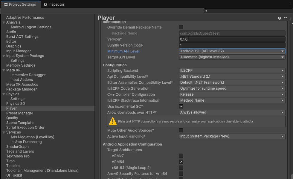 设置 Minimum API Level、Scripting Backend、Target Architectures 与 Active Input Handling