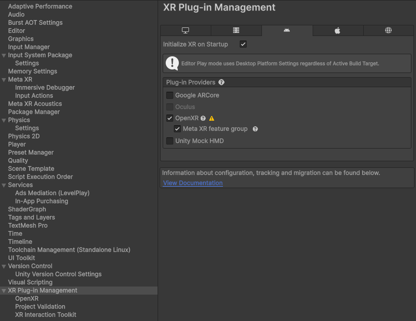 在 Android 平台勾选 Initialize XR on Startup