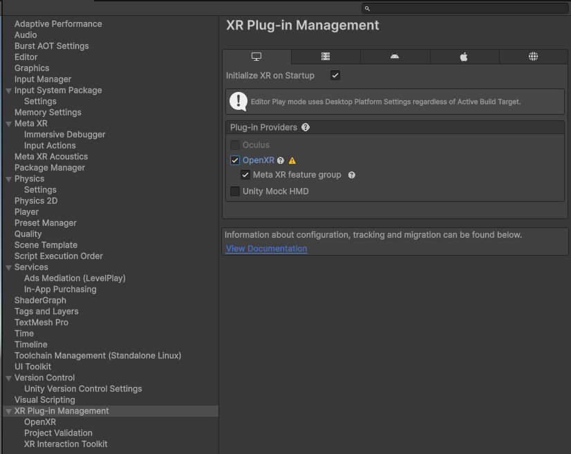 在 Desktop 平台勾选 Initialize XR on Startup