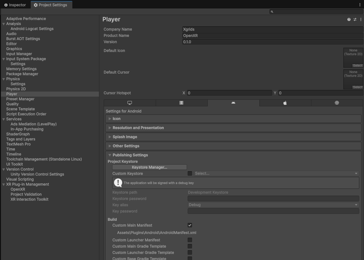 勾选 Custom Main Manifest 生成自定义 Manifest 文件